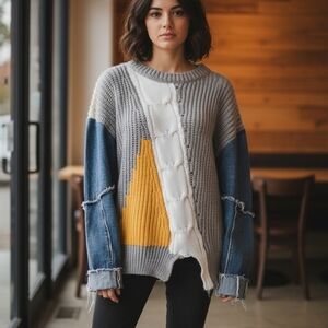Korean Unbranded Color Block Denim Sleeve Sweater – Yellow/Grey – One Size